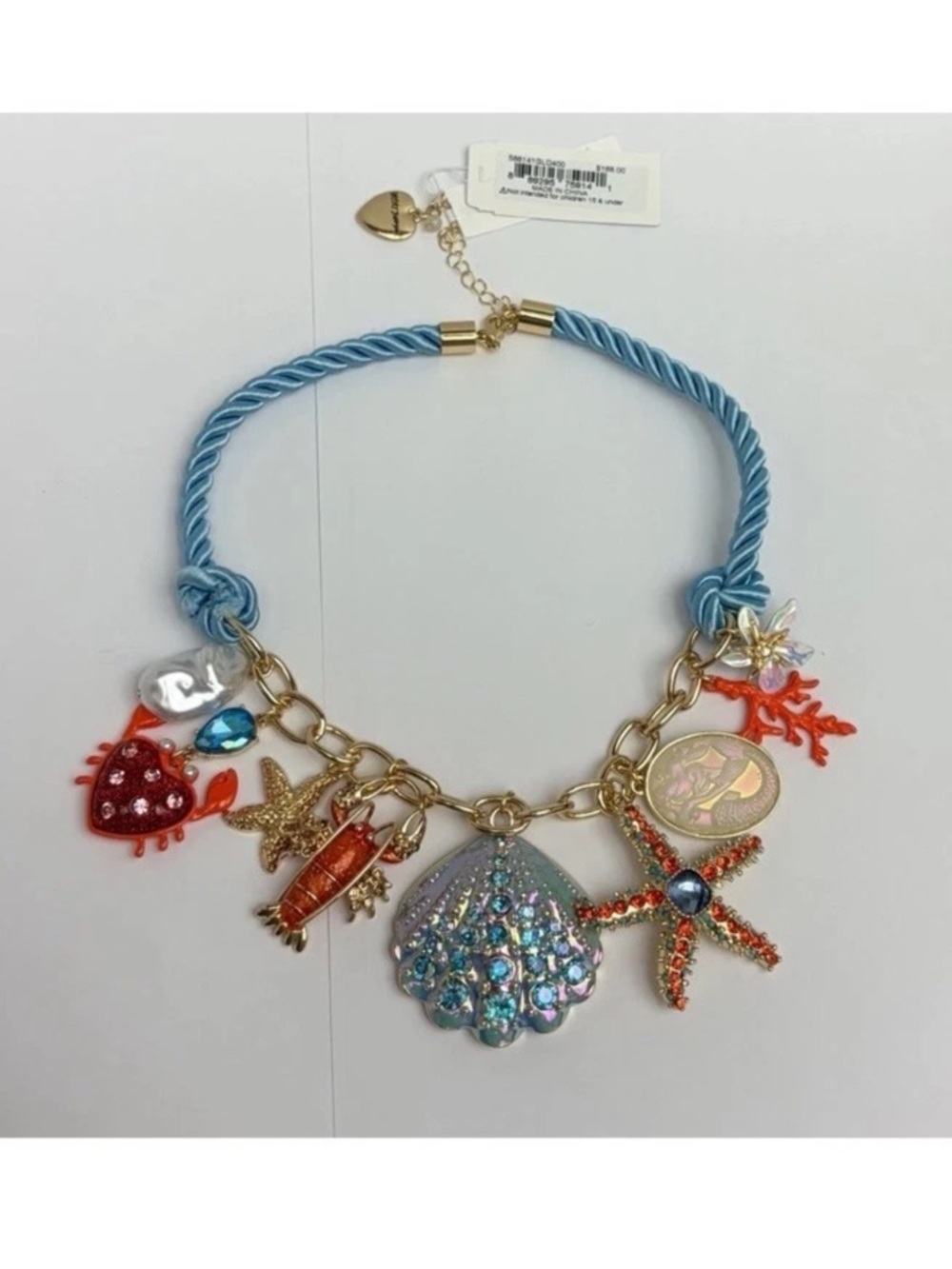 Share NWT Betsey Johnson SEA CREATURES Gold Tone Glass Crystals Charms Rope Neck